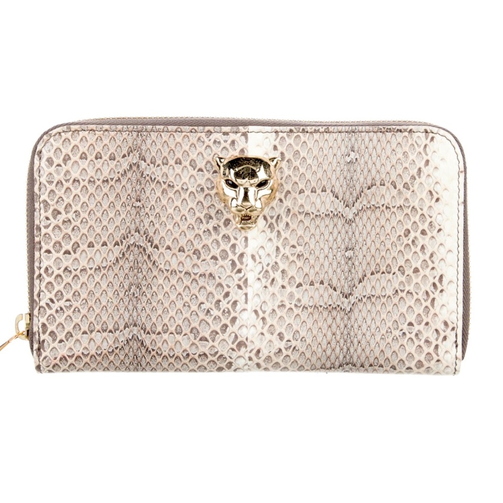 Roberto Cavalli White Snakeskin Leather Zip Wallet with Jaguar